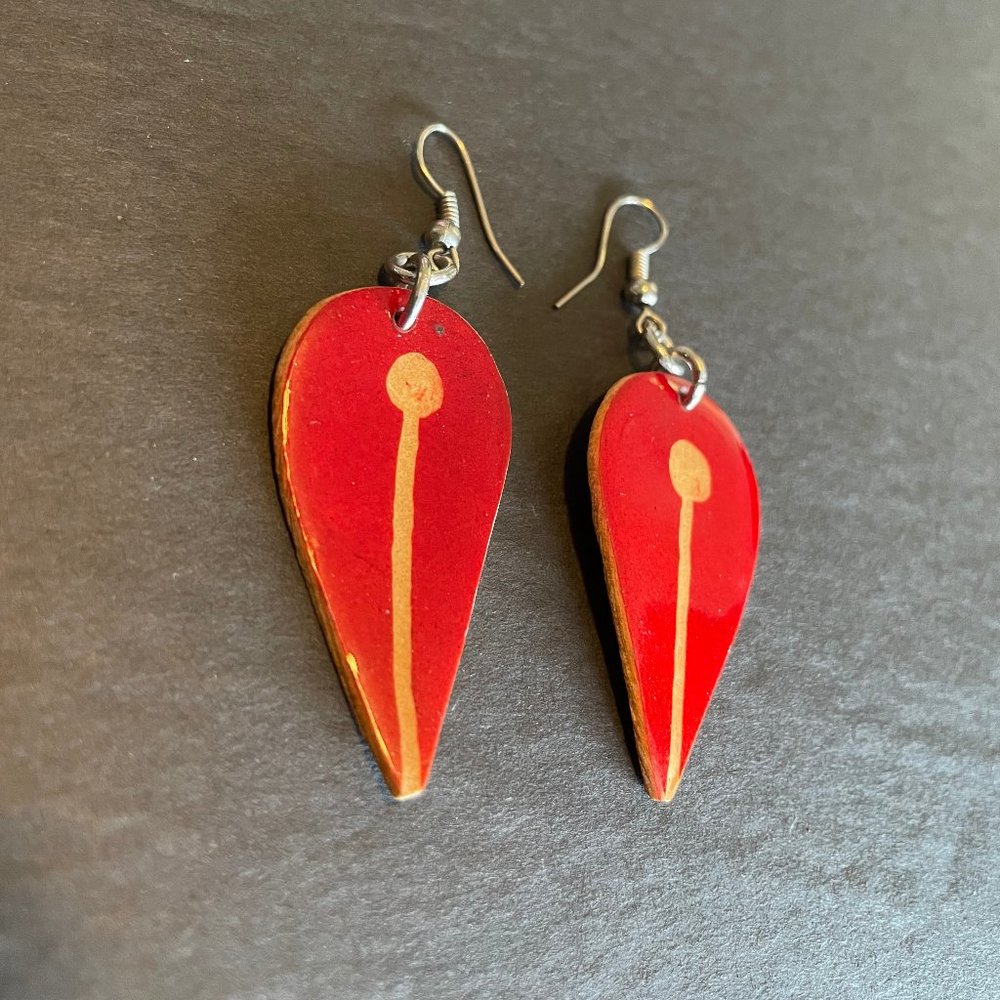 Hanging Pierced Earrings - Natural Seed Pod Dyed Red - Brazilian Amazon